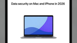 Современная иллюстрация безопасности данных на Mac и iPhone в футуристическом стиле для блога Apple