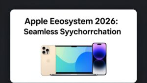Современная иллюстрация экосистемы Apple с синхронизацией устройств в минималистичном стиле для блога о технике